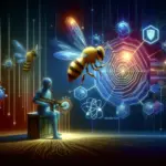 A digital figure interacts with bees amidst a high-tech backdrop of hexagons and glowing patterns.