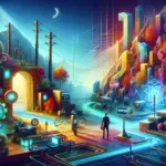 ** Vibrant futuristic landscape with colorful pathways and a lone figure holding a briefcase.