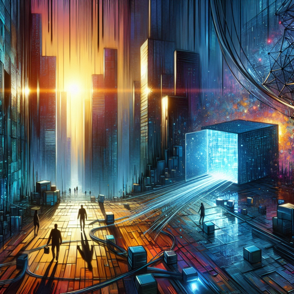 ** Futuristic cityscape with glowing cube, silhouettes exploring light beams and vibrant sunset.