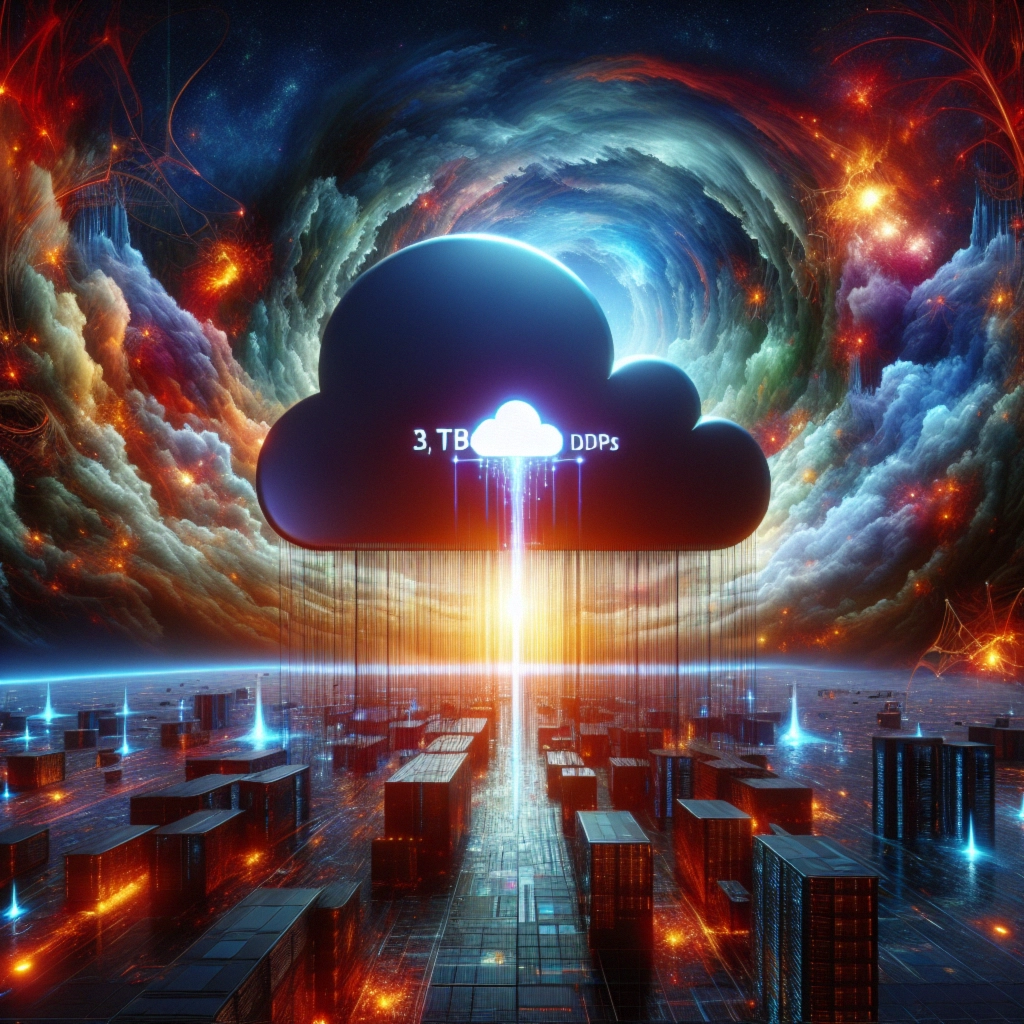 ** Digital cloud graphic with data storage visualization in a cosmic setting.