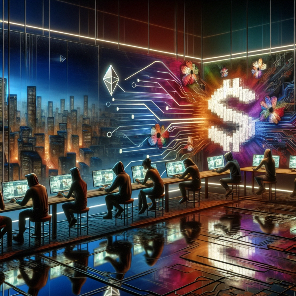 ** Futuristic tech scene with hooded figures coding at computers against a vibrant, illuminated mural.