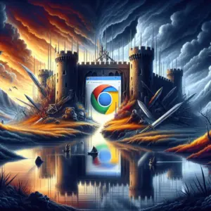 ** A surreal scene featuring a castle framed by turbulent skies and a computer screen displaying the Chrome logo.