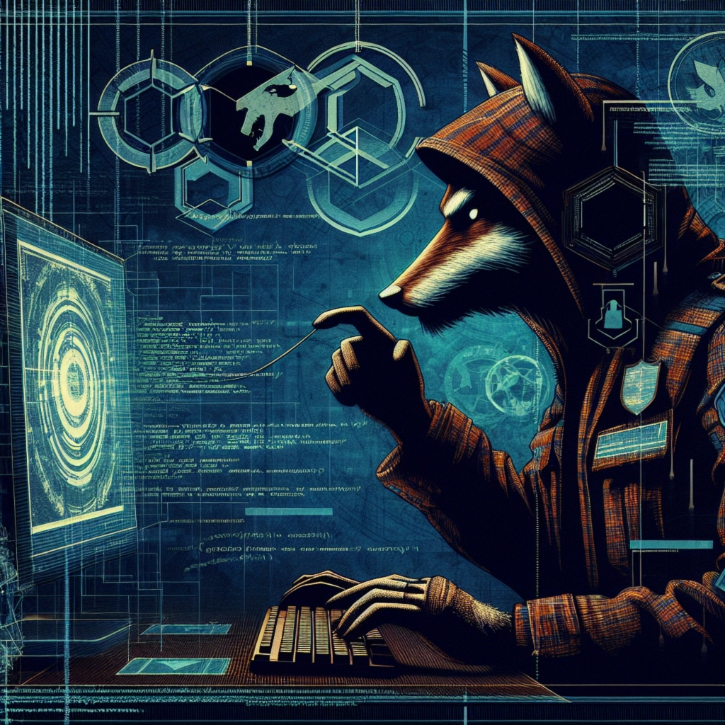 A digital fox in a hoodie interacts with a glowing computer screen, surrounded by tech symbols.