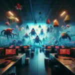 ** High-tech control room with floating octopus-like creatures and glowing screens.