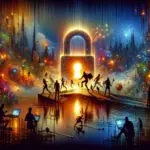 A vibrant, surreal scene depicting figures and a glowing padlock in a colorful digital landscape.