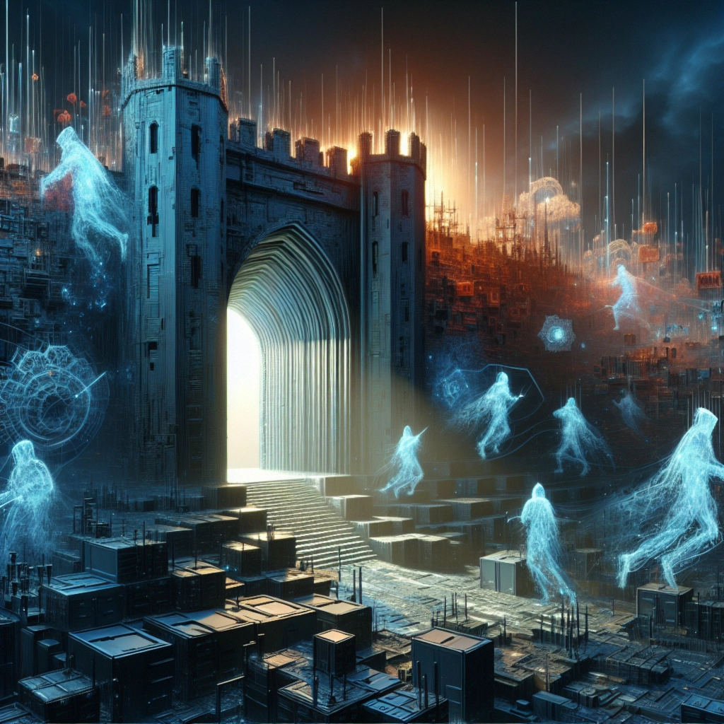 ** Ethereal figures emerge from a futuristic gate, surrounded by cubes and a glowing background.