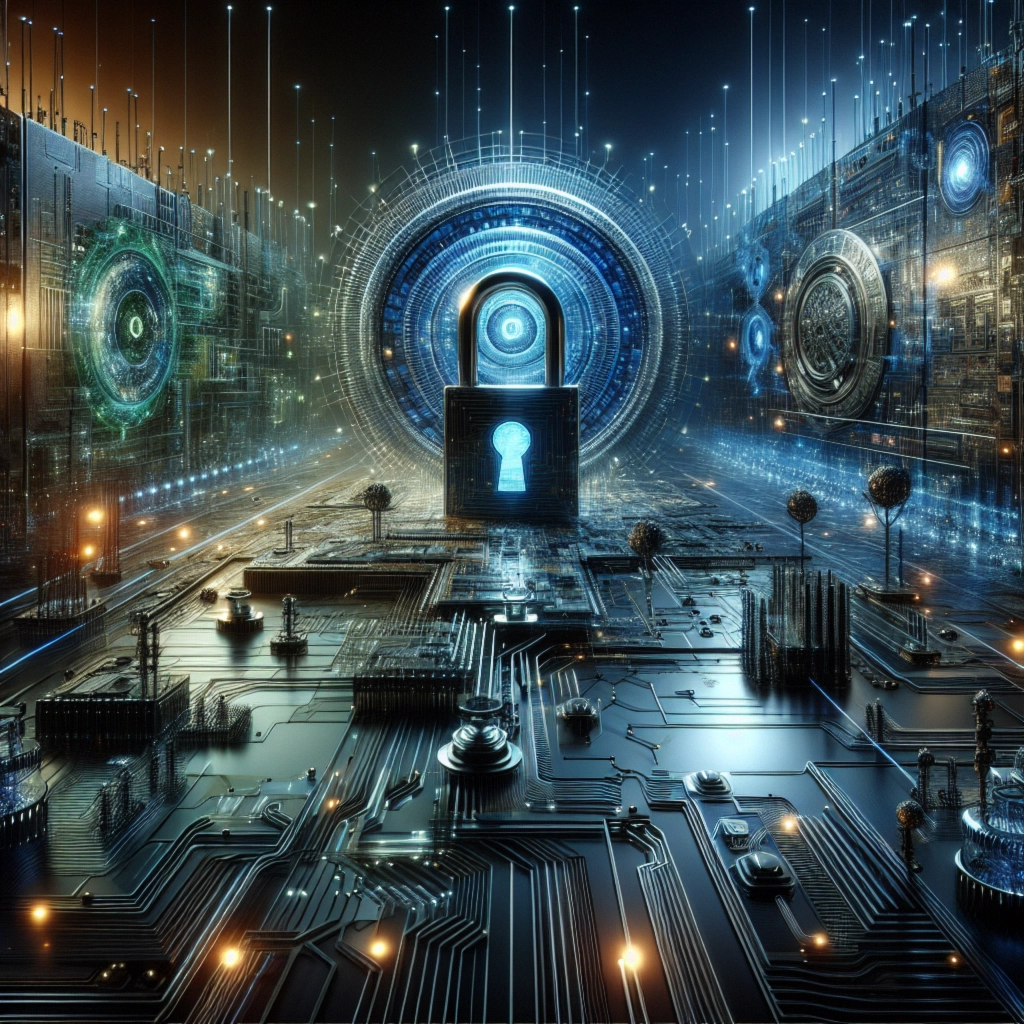 ** Futuristic digital landscape featuring a central locked keyhole and intricate circuit patterns.