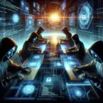 ** A group of hooded figures working on computers in a futuristic, digital environment.