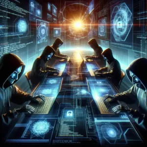 ** A group of hooded figures working on computers in a futuristic, digital environment.