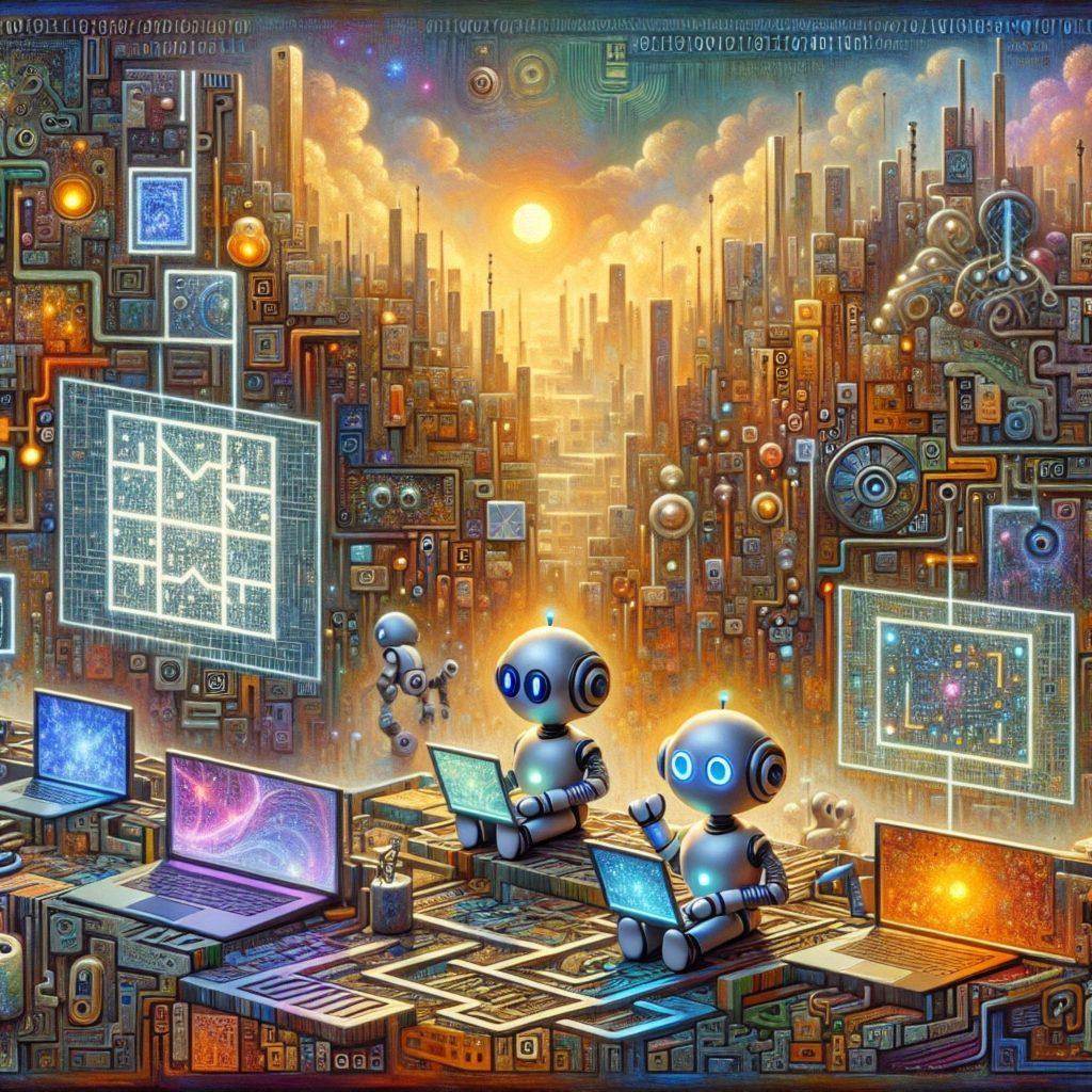 ** Two robots sit at laptops in a vibrant, futuristic cityscape with glowing screens and warm sunlight.