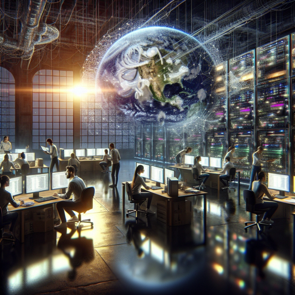 ** Futuristic tech environment with people working at computers and a globe projection above.