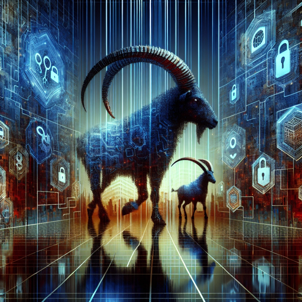 Two stylized goats walk through a digital landscape filled with tech icons and binary code.