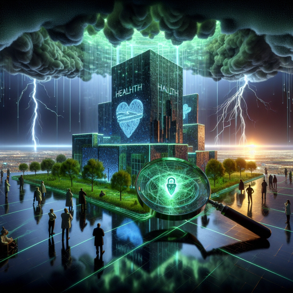 ** Futuristic scene of a health-themed structure under stormy skies, surrounded by people and digital elements.