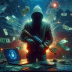 ** Hooded figure with an assault rifle, surrounded by floating money and a laptop with a lock symbol.