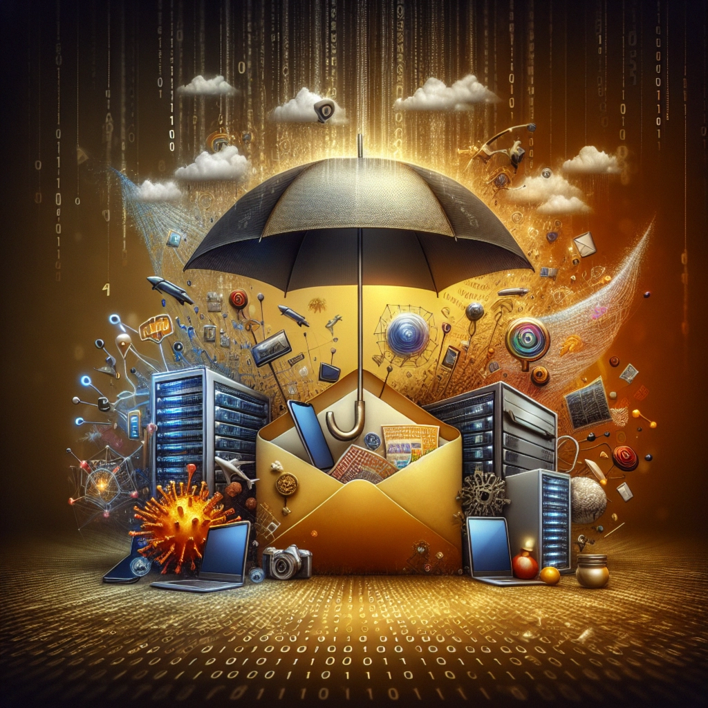 ** An artistic representation of digital security with an umbrella over an envelope, surrounded by servers and tech icons.