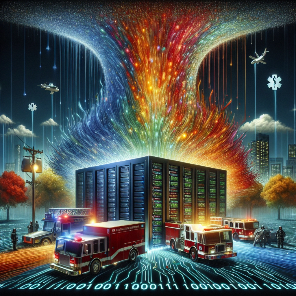 ** Digital explosion from a server cluster, with fire trucks and cityscape elements.