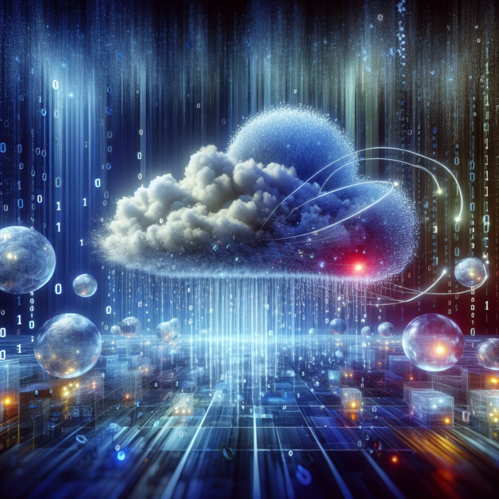 ** Digital cloud with binary rain and floating spheres in a futuristic landscape.