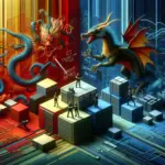 ** Two dragons face off with figures among colorful server stacks, blending fantasy and technology.