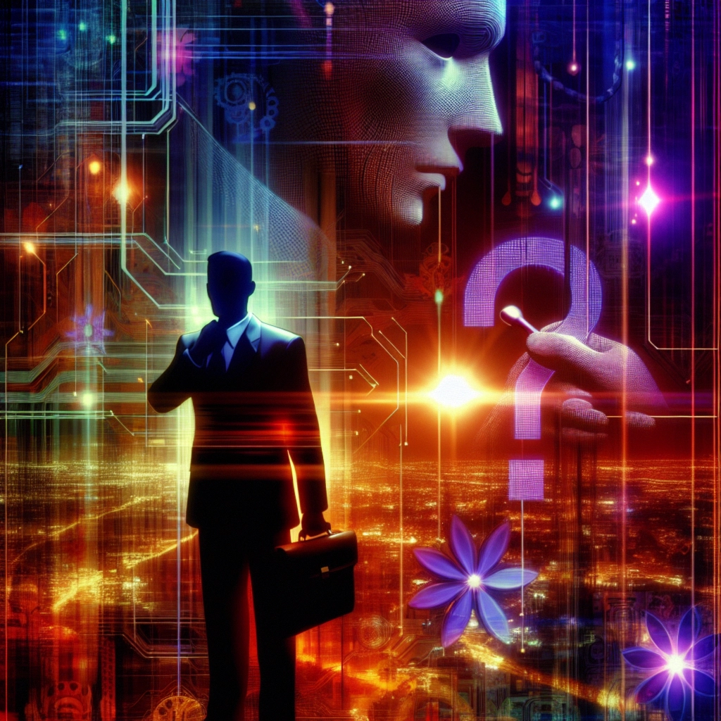 ** A businessman stands silhouetted against a colorful, digital backdrop with a robotic face and a glowing question mark.