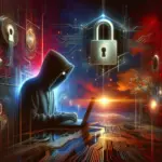 ** Mysterious figure in a hoodie works on a laptop, surrounded by digital locks and a sunset backdrop.