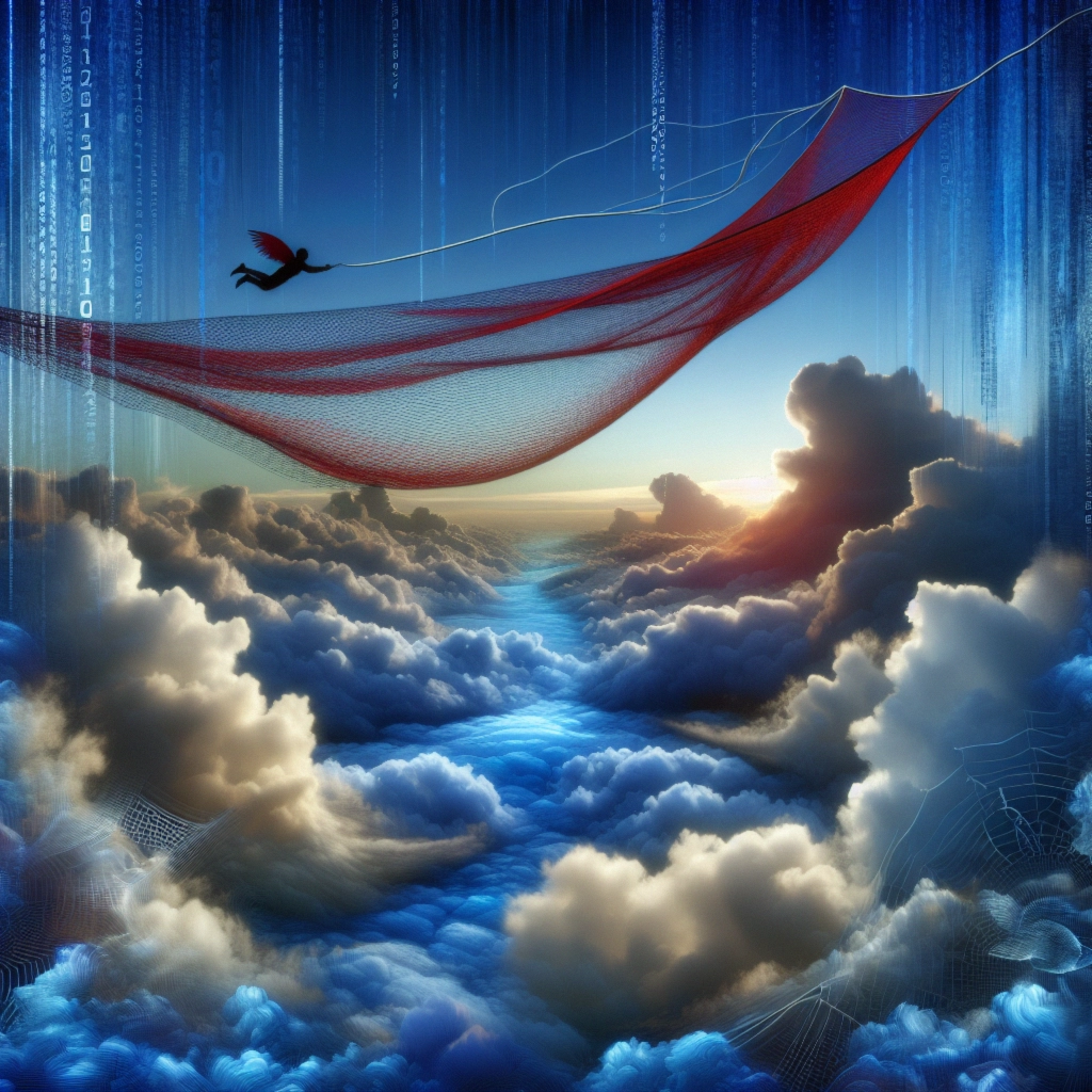 A figure with wings hangs from a red net amidst vibrant clouds and digital elements.