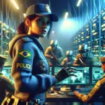 A female Brazilian police officer in a tech-filled control room.