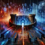 ** A futuristic castle surrounded by glowing data streams and servers, blending fantasy with technology.