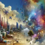 ** A surreal landscape where abstract shapes blend city structures with swirling cosmic elements.