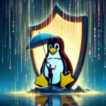 A person holding an umbrella under a digital shield, with a cartoon penguin and binary rain.