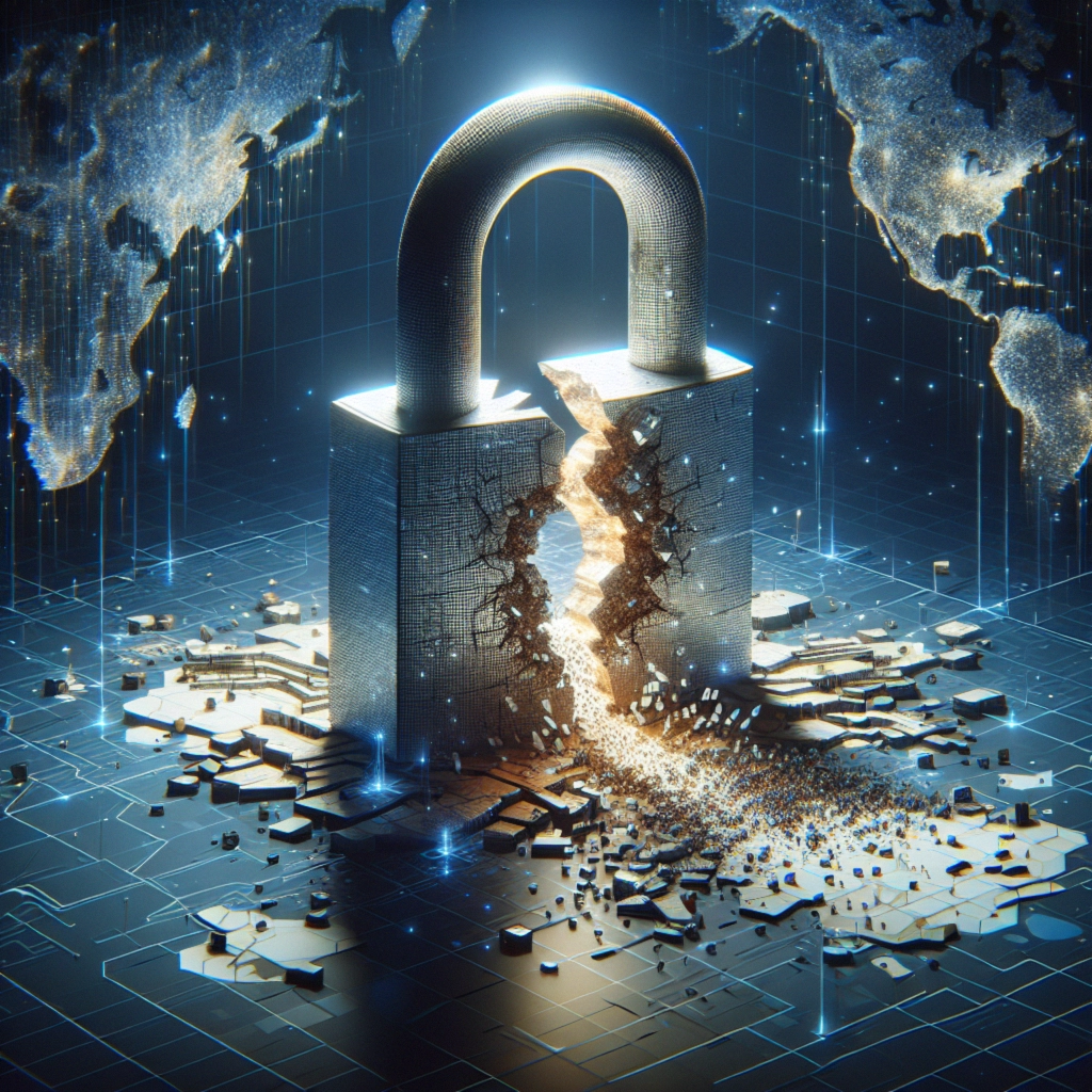 ** Digital padlock breaking apart with golden particles, set against a dark, tech-themed background.