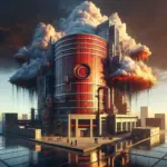 ** Futuristic industrial structure topped with dramatic clouds and swirling steam, featuring people below.