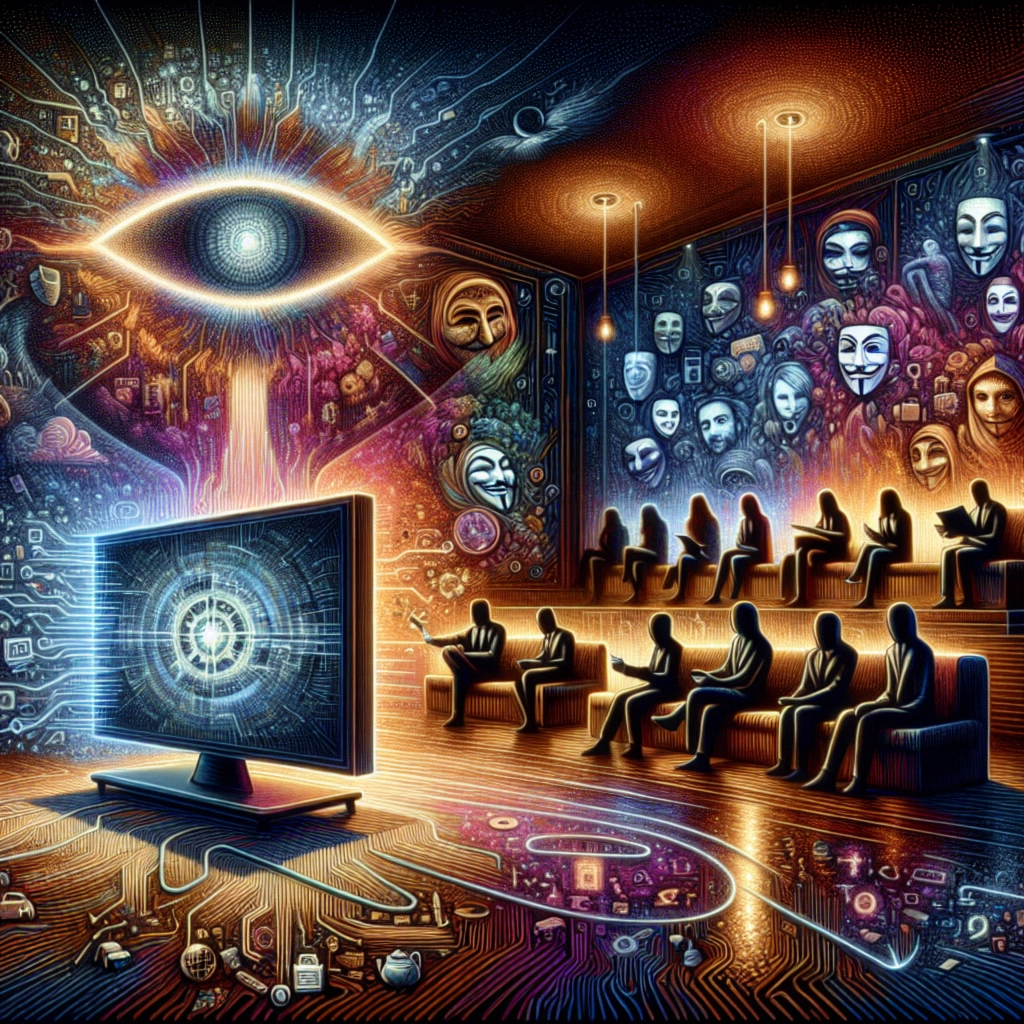 ** A group of silhouetted figures watching a glowing screen in a vibrant, abstract room filled with faces and circuitry.