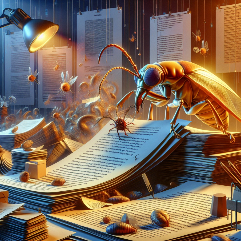 ** Giant insect examining scattered papers under a lamp, surrounded by tiny bugs in a dimly lit atmosphere.