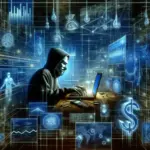 A hooded figure at a laptop amid digital data and symbols of money.