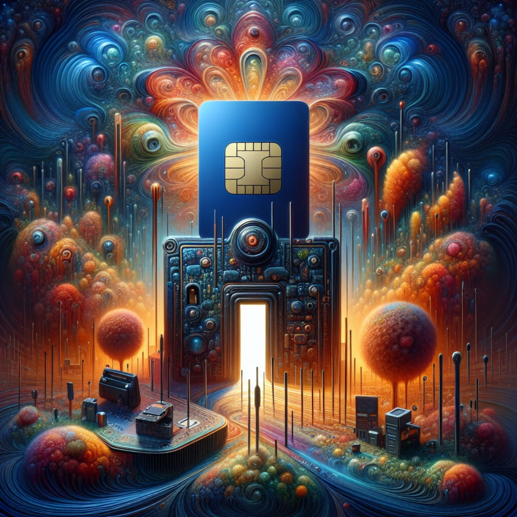 A surreal digital landscape featuring a blue chip card amidst colorful abstract forms and structures.