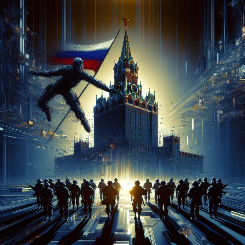 ** A cyberpunk scene with soldiers advancing, a Kremlin-like tower, and a figure carrying a Russian flag.