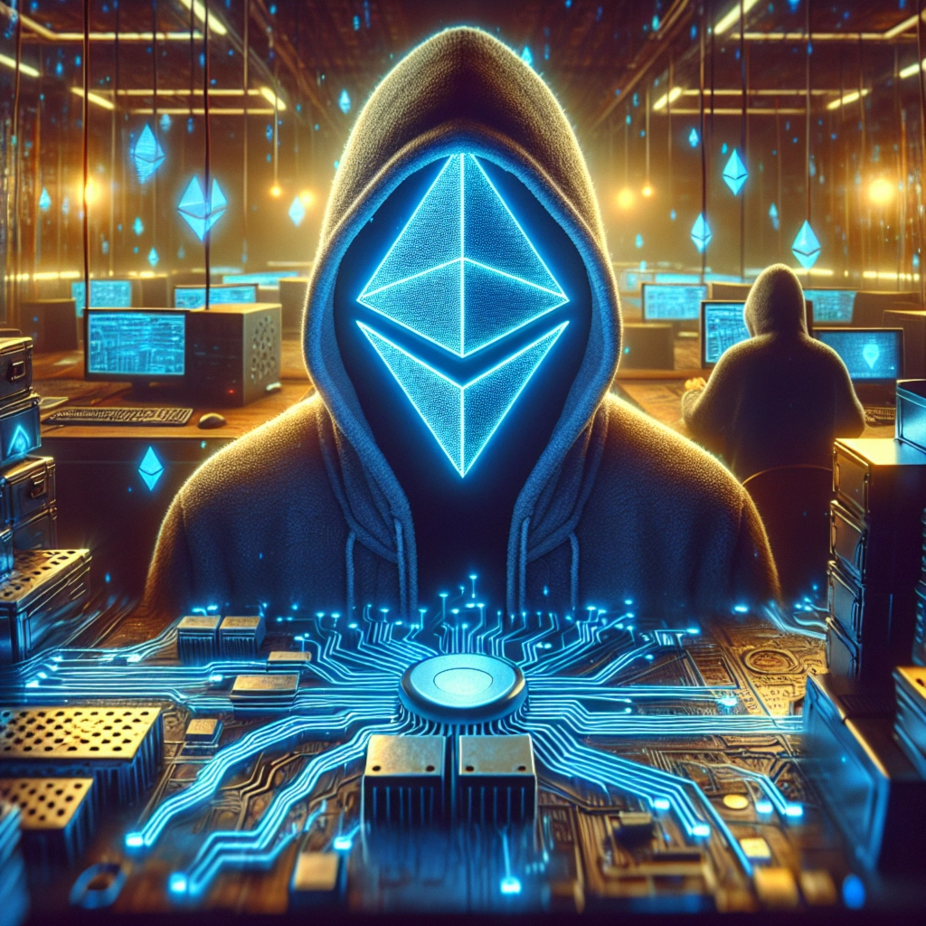 ** A hooded figure with a glowing Ethereum logo stands before a circuit board in a tech-filled environment.