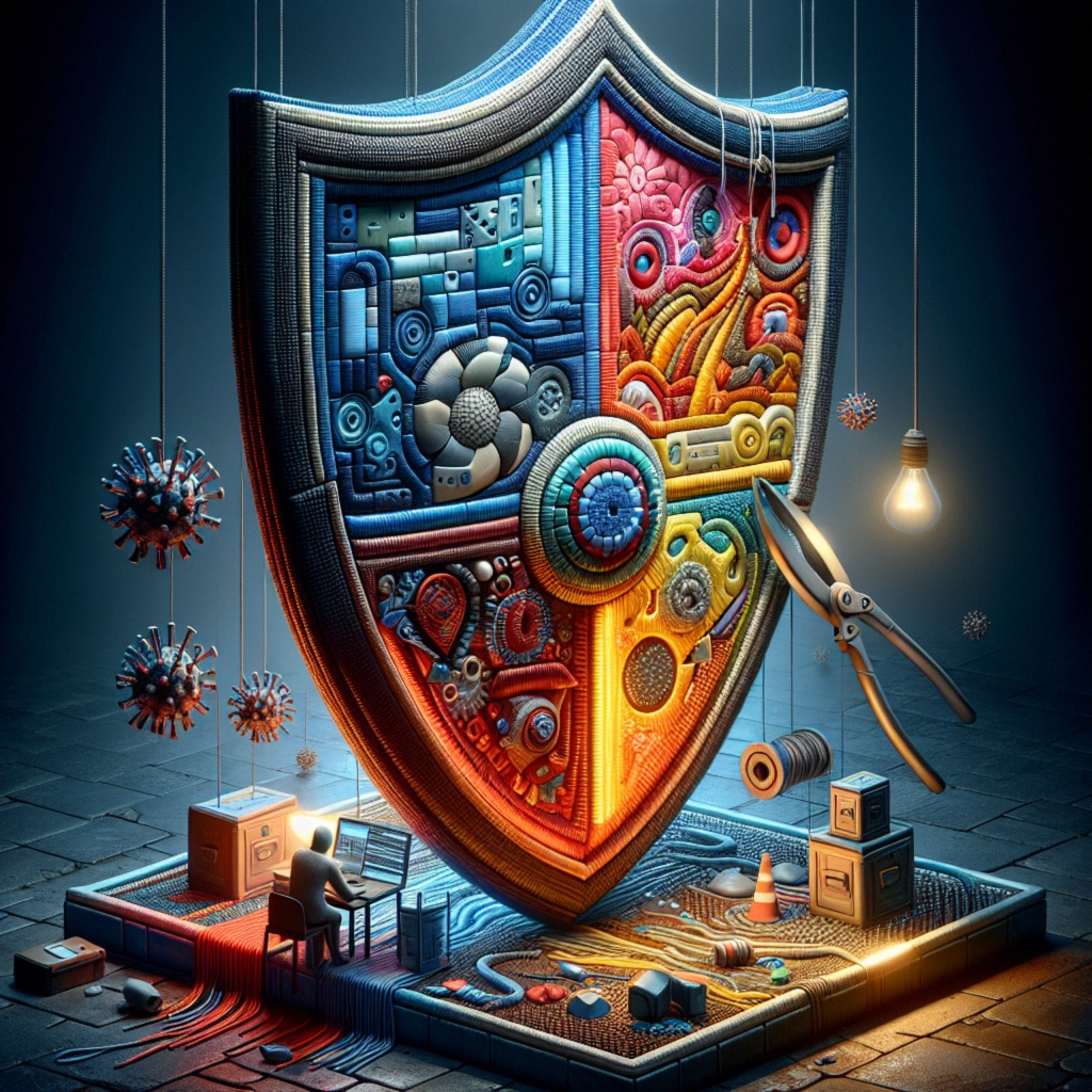 ** Colorful shield with virus models, tools, and a person working at a desk in a dimly lit room.