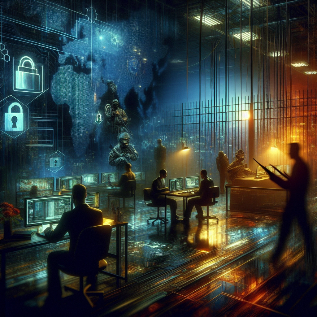 ** Futuristic control room with silhouetted figures, computers, and digital security graphics.