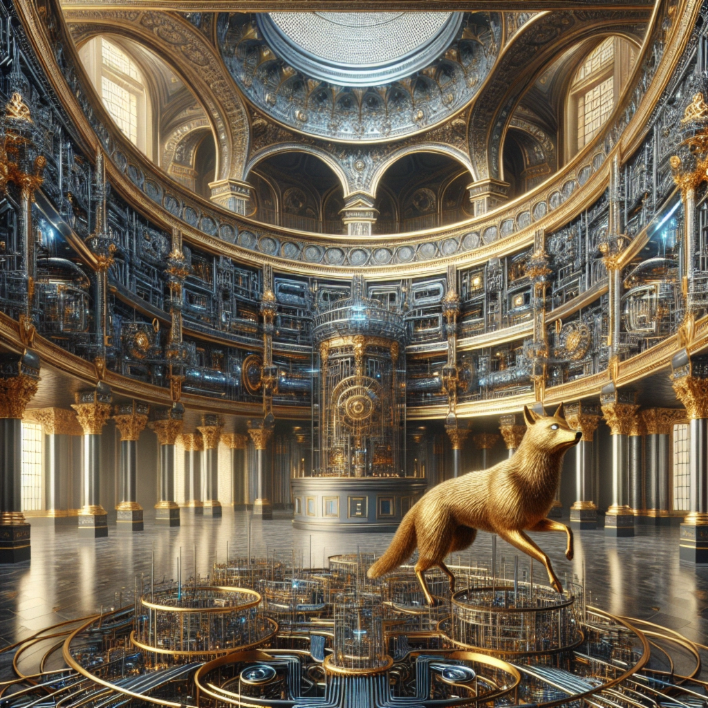 ** Golden fox in an ornate, futuristic chamber filled with intricate details.