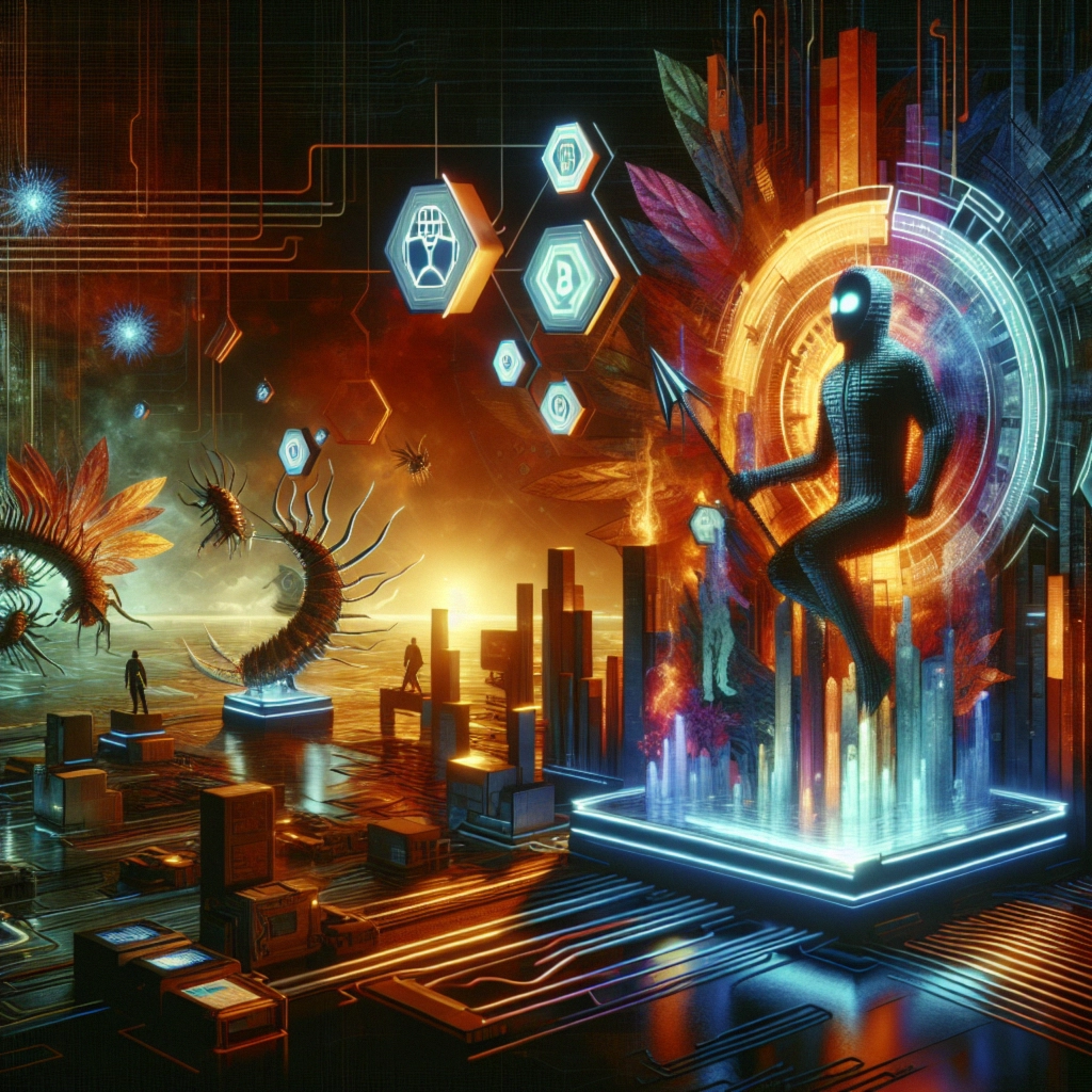 ** A futuristic scene with a figure, digital elements, and abstract organisms in vibrant colors.