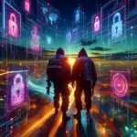 ** Two hooded figures stand watching a vibrant sunset amidst glowing digital security icons.