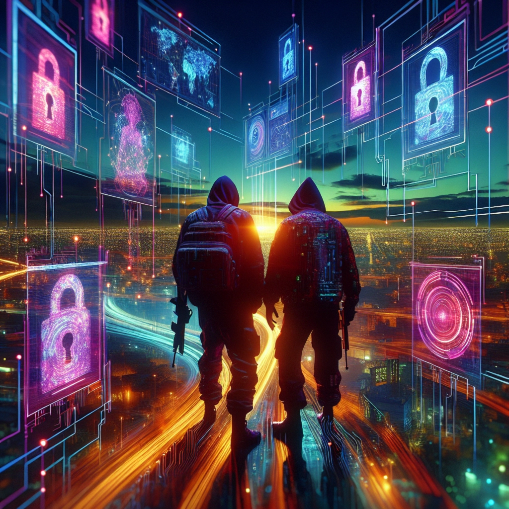 ** Two hooded figures stand watching a vibrant sunset amidst glowing digital security icons.