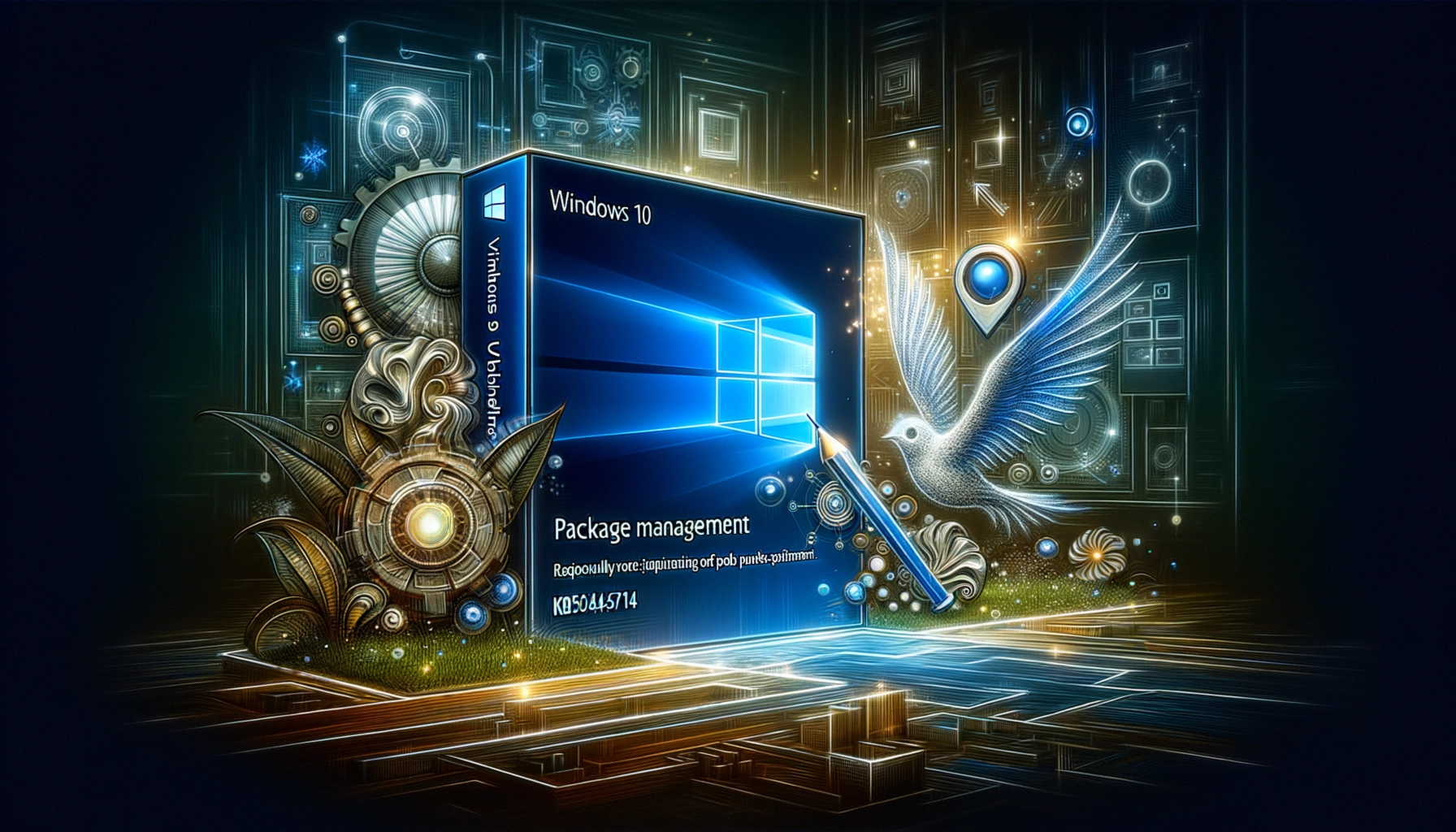 ** Graphic featuring Windows 10 box surrounded by technological elements and a stylized bird.