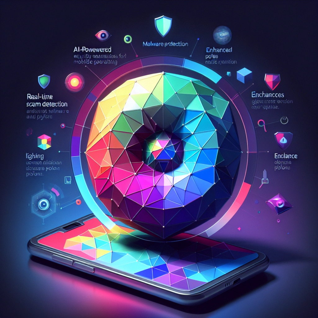 ** Colorful abstract digital representation of mobile security features on a smartphone.