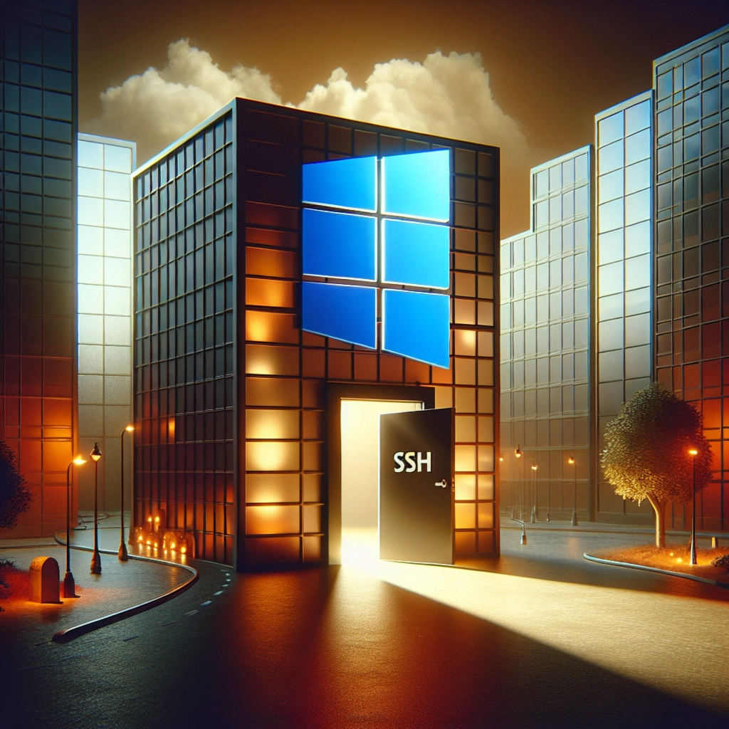 ** A futuristic building with a blue window symbol and an open "SSH" door, glowing in a cityscape.