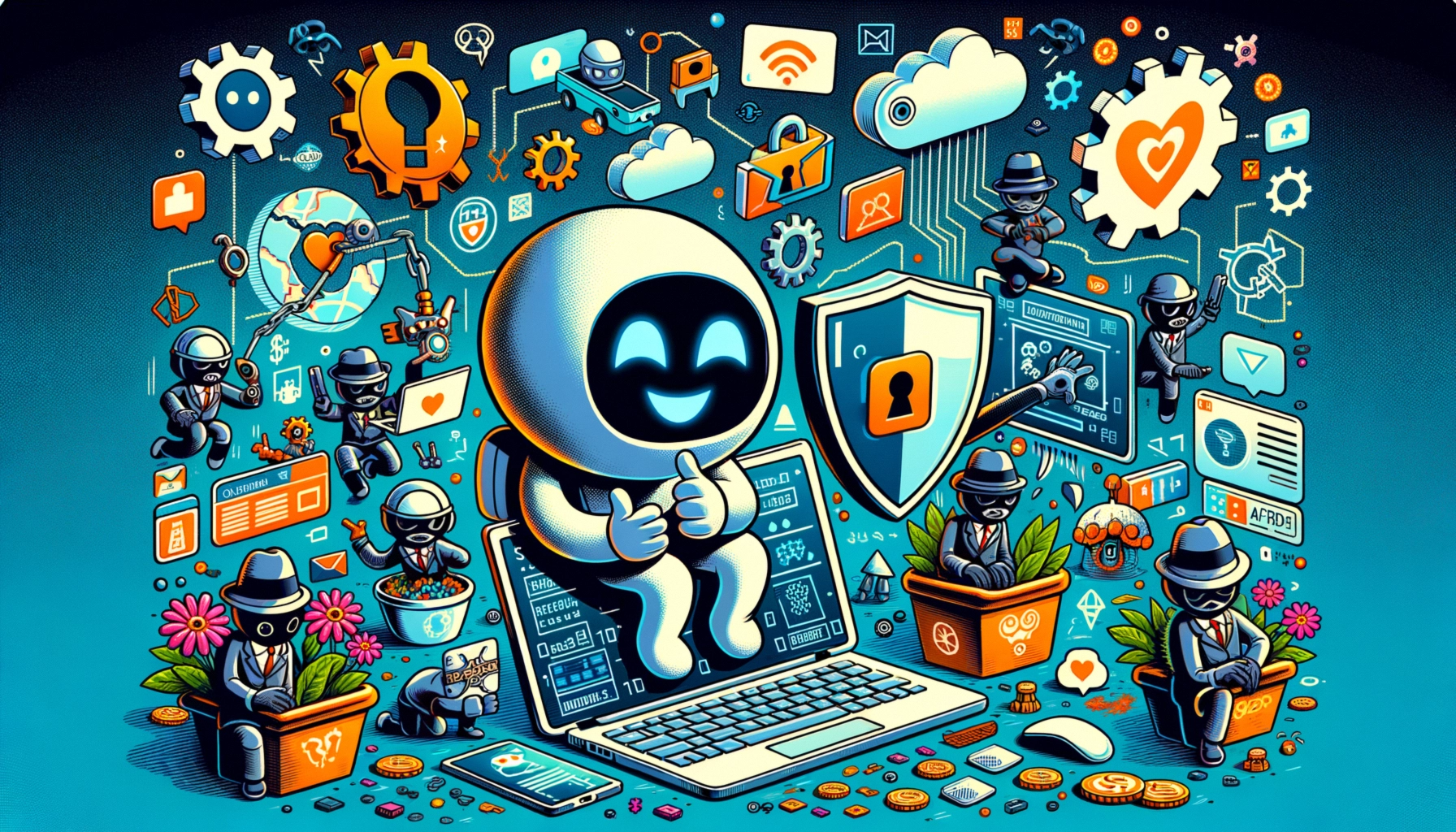 ** A cheerful robot character interacts with data security icons and cartoon figures in a digital environment.