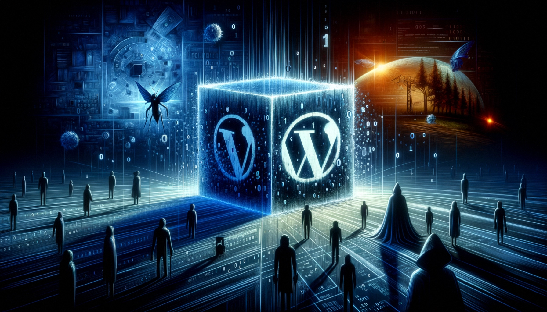 ** Futuristic scene with silhouetted figures around a glowing WordPress cube amidst digital graphics.