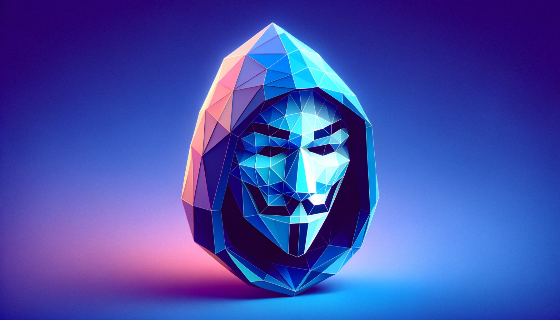 Stylized, angular mask in blue and purple lighting against a gradient background.