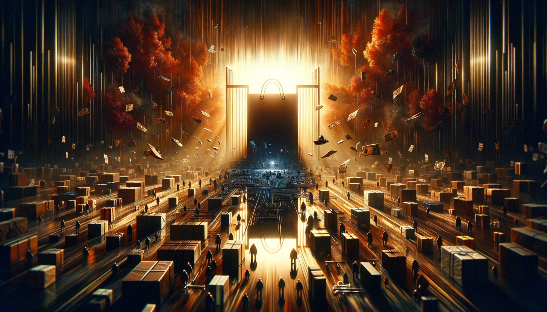 ** A surreal scene of people and boxes leading to a glowing portal amidst a chaotic environment.